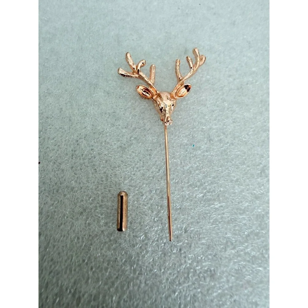 Gold Tone Stag Deer Head Stick Pin Lapel Hat Pin Antlers